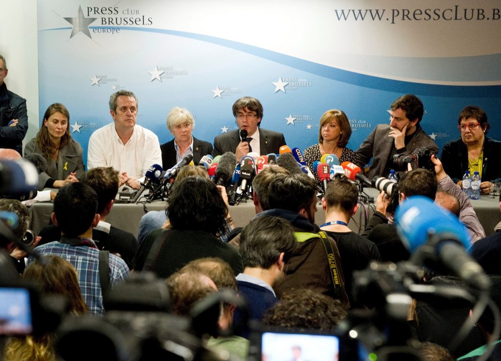 Carles Puigdemont, expresident de la Generalidad catalana, esta tarde en rueda de prensa en el Press Club Brussels de la capital belga